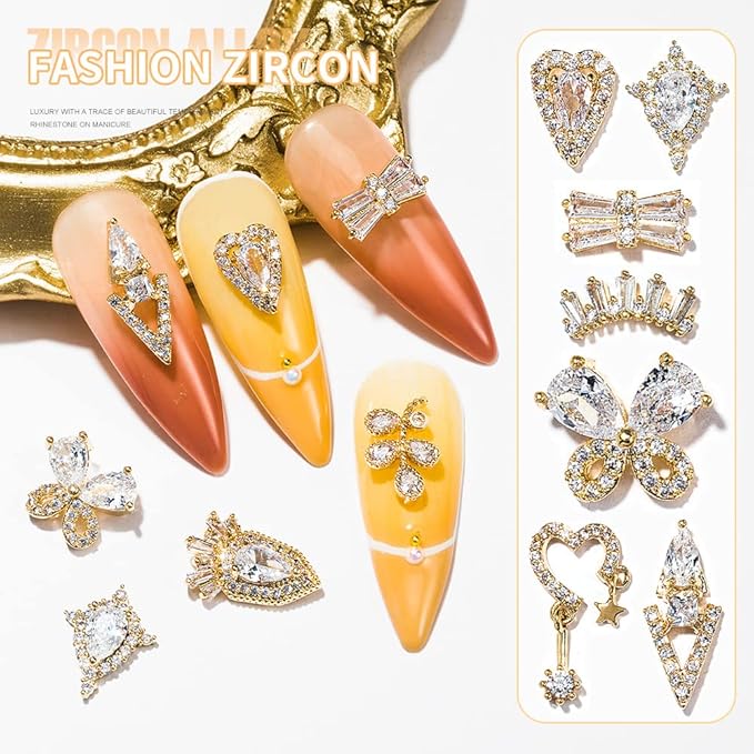 HNUIX Nail Charms and Gems - Gold Copper Zircon, Multiple Shapes Dangle, Metal Jewelry Rhinestones for Nails 22Pieces