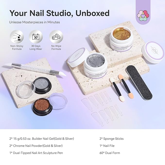 SAVILAND Non Sticky Solid Builder Nail Gel: Gold Silver Metallic 3D Nail Gel No Wipe Sculpting Gel for Nail Art Easy Sculpting Molding Gel with Chrome Nail Powder DIY Manicure Carving Decoration Salon