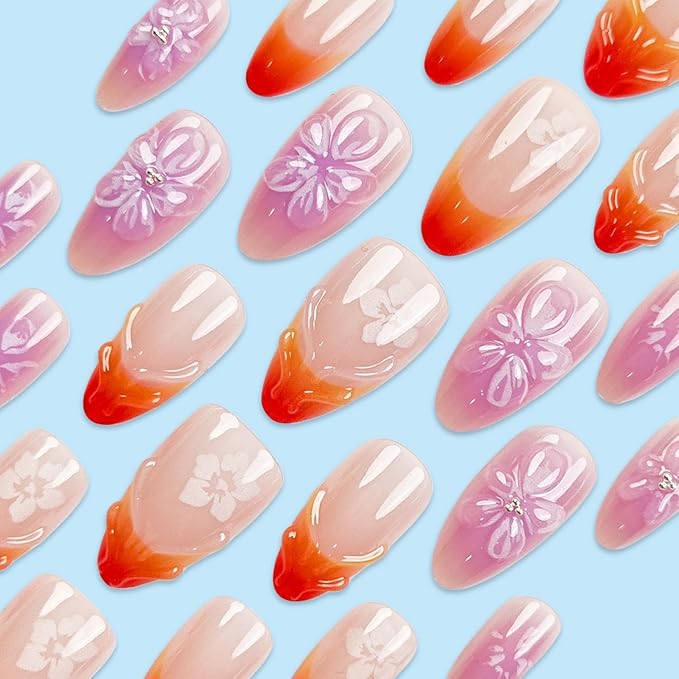 Almond Press on Nails Medium Fake Nails Red and Purple Artificial Nail Floral Stick on Nail for Women 24pcs