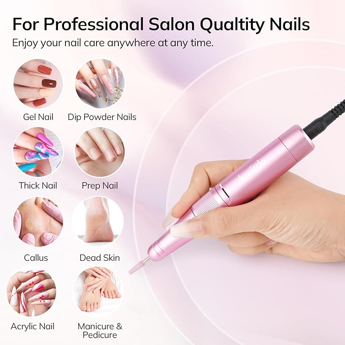 Lavinda Nail Drill 35000 RPM, Cordless Rechargeable Electric Nail File Machine, Professional Efile for Acrylic Nails, Gel Polish, Cuticle Removal, Home and Salon (Pink)