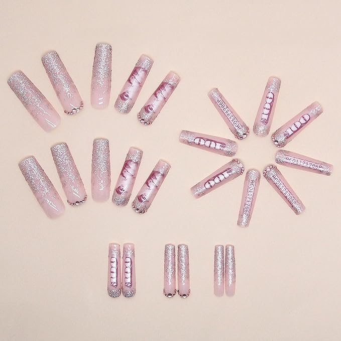 MISUD Press on Nails - Extra Long Square Fake Nails with Dollar Money, Acrylic Bling Glitter Rhinestone Design 24 pcs