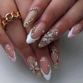 3D Press on Nails Almond - Medium French Tip Fake Nails with Embossed Flower & Gold Bead Designs, Glossy Acrylic Nails Full Cover Floral Glue on Nails for Women Manicure 24Pcs