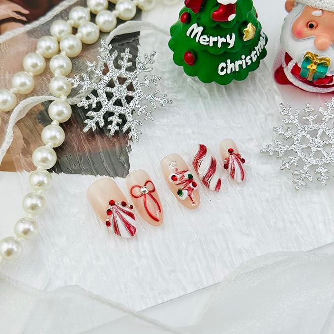 Christmas Press on Nails Medium Almond French Tip Fake Nails with 3d Bow Rhinestones Designs Winter Snowflake Glue on Nails Xmas Tree Full Cover Artificial Acrylic Nail for Women Nail Supplies 30pcs