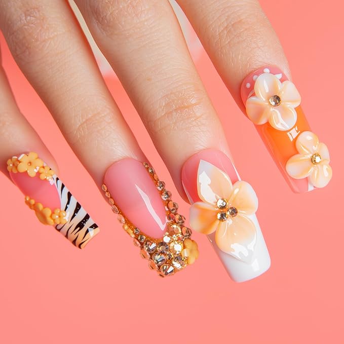 LOVFUL Short French Tip Press on Nails Citrus Muse | Handmade Acrylic Press ons| Reusable Fake False Nails | Square Classic Regular 1.3in | H672-L