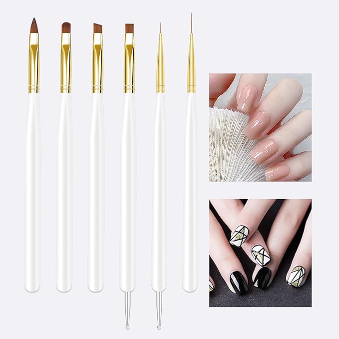 Nail Art Brushes, 6Pcs Nail Art Painting Tools with Nail Art Fine Liner Brush, Nail Design Painting Brushes Set, Builder Gel Brush, Nail Dotting Pen for Gel Polish Manicure Salon DIY, White