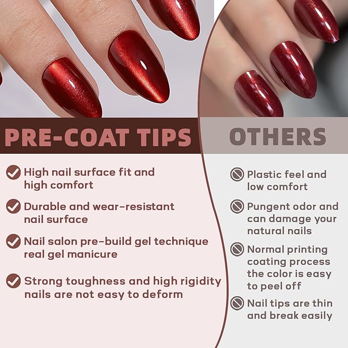 Red Magnet Cat Eyes Press on Nails Short Almond, Aurora Mirror Chrome Red Soft Gel Stick on Nails with Glue, 32pcs 16 Sizes Glossy Glitter Reusable Easy Salon Nail Manicure for Women Girls