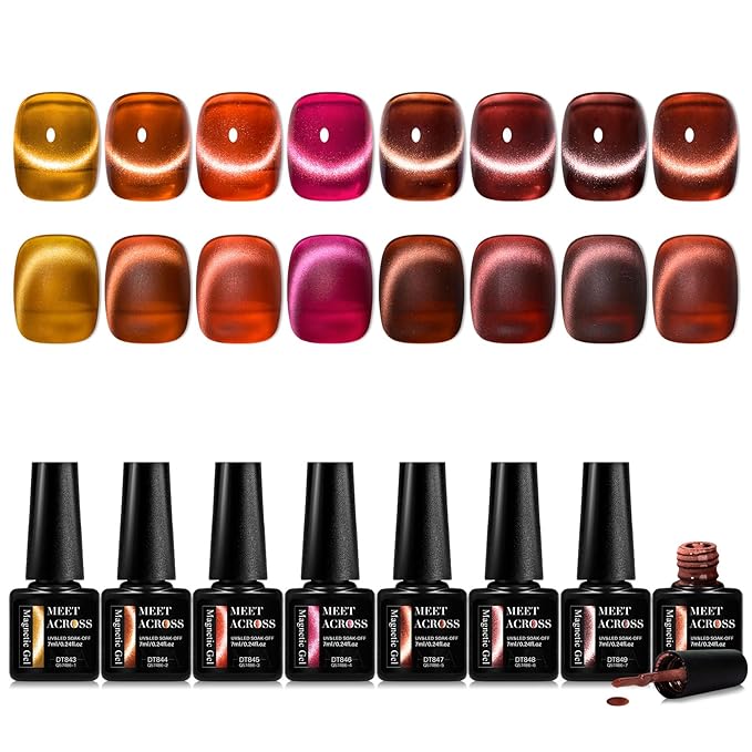 MEET ACROSS Amber Jelly Cat Eye Gel Nail Polish Set of 8 Colors Caramel Crystal Brown Shimmer Translucent Sheer Magnetic Nail Polish Kit with Base Top Coat and Magnet Gel Nail Art Manicure