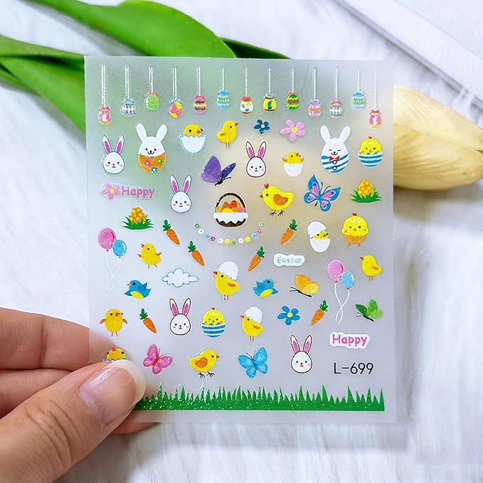 Easter Glitter Nail Art Stickers Decals 3D Self-Adhesive Nail Art Accessories Cartoons Bunny Chick Egg Designs Sticker Lovely Easter Manicure DIY Nail Decorations 6 Sheets