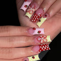Long Square Press on Nails Fake Nails Artificial Nail Stick on Nail for Women Design with Pink Yellow Red & White Dots, 3D Strawberries, Flowers, Pearl Hearts and Cute Love Style