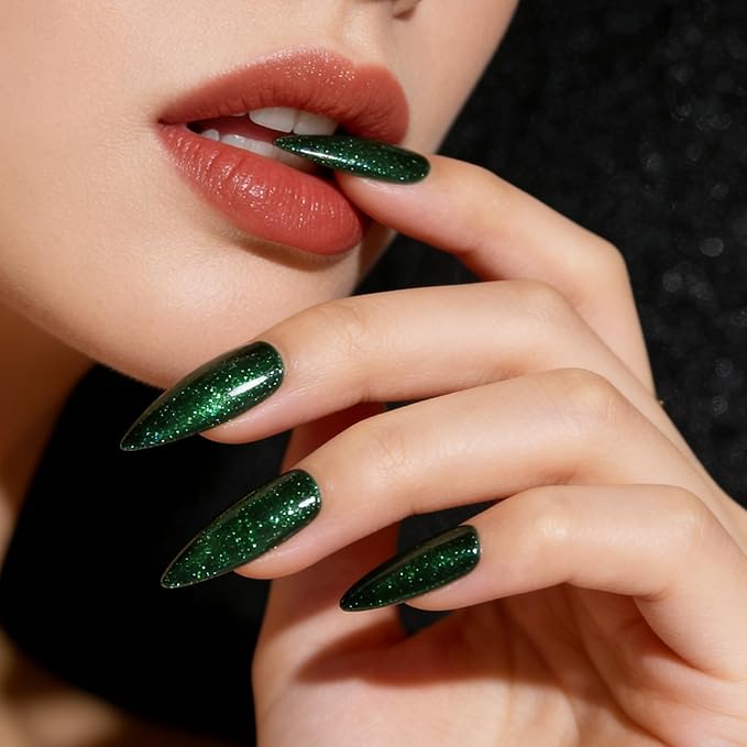 Green Cat Eye Press on Nails Almond Medium Fake Nails Sparkly Glitter Black False Nails Press ons Designs Gradient Gel Glue on Artificial Nails for Women Manicure 30Pcs