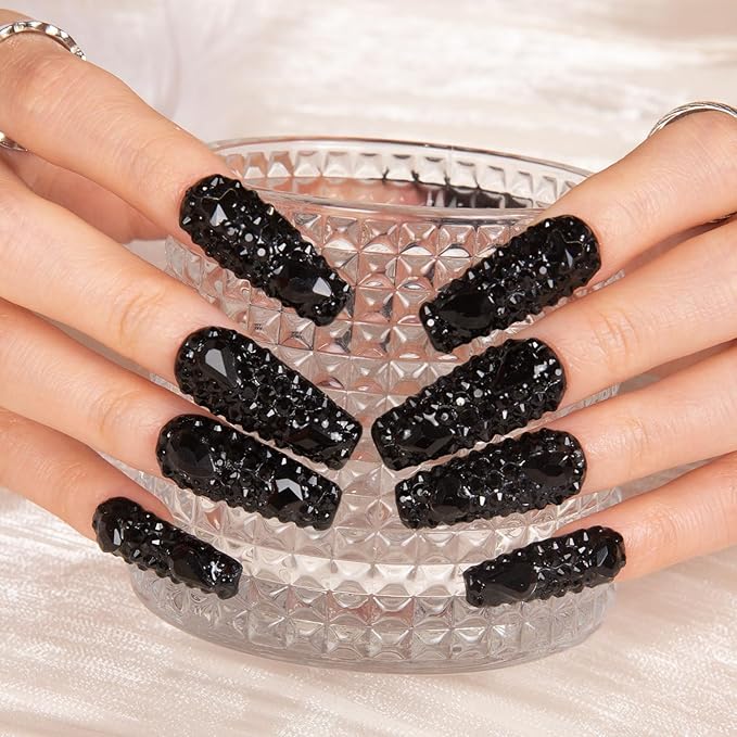 LOVFUL Press on Nails Classic Black Rhinestone | Handmade with Full Covered Crystals | Reusable Full Cover Nails | Coffin Classic Regular 1.3 in | H146-S