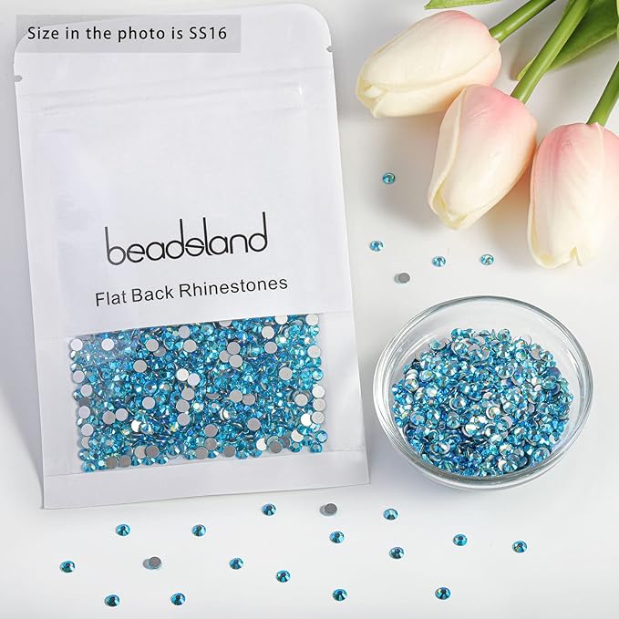 Beadsland 2880pcs Flat Back Crystal Rhinestones Round Gems for Nail Art and Craft Glue Fix, Aquamarine AB, SS16,3.8-4.0mm
