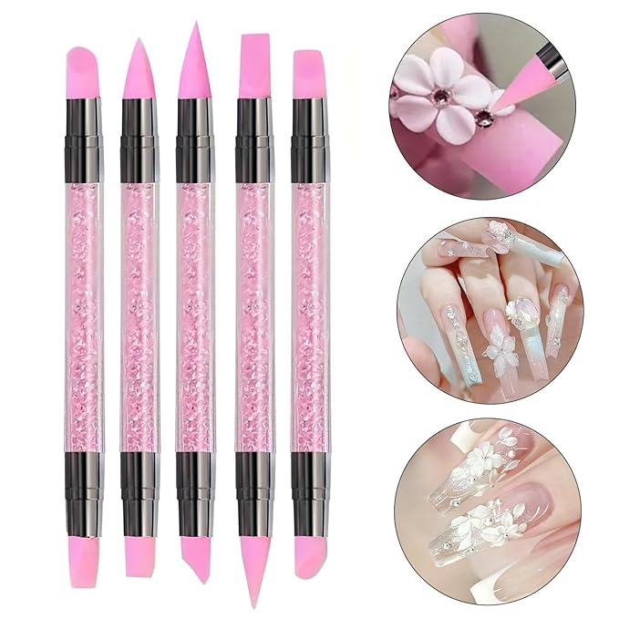 5Pcs Double-Ended Silicone Nail Art Brushes, Dual-Tip Dotting & Sculpting Tools for Gel Polish, 3D Nail Art, Embossing & Manicure Clean Up-Pink