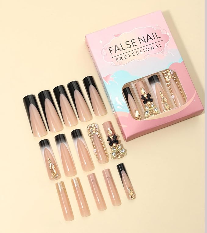 Press on Nails Square - Extra Long Fake Nails with 3D Rhinestones Butterfly, Black French Tips False Nail, Stick On Nails for Women, 12 Sizes - 24 Nail Kit, Midnight Mirage