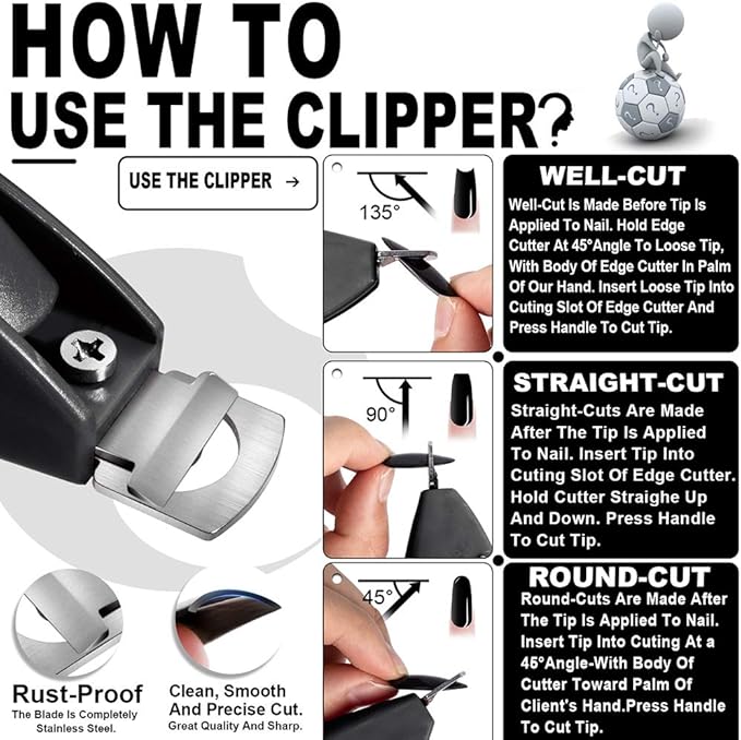 Nail Tip Clipper Edge Cutter Artificial Acrylic Fake False Trimmer Manicure Pedicure Stainless Steel Nail Trimmer Sharp Stainless Steel Blade Clip Tool Nail Beauty Design DIY Use Nail Art Black