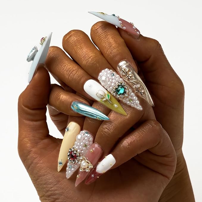 FORBELOVED NAILS,Shiny Colorful Gems,Heart Love,Flower Decorations,Luxury Handmade Press On Nails,Long Stiletto Glue On Nails,Pearls False Nails For Women And Girls,10Pcs/Set With Glue,(Yellow-S),FOB