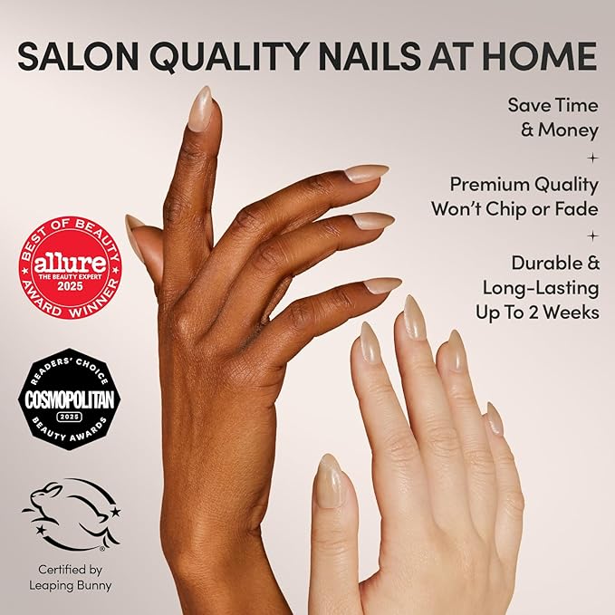 Glamnetic Press On Nails - Honey Bun Fake Nails | Trendy Neutral Nude Velvet Sparkly Short Almond Fake Nails, Salon Quality | 15 Sizes - 30 Nail Kit with Glue