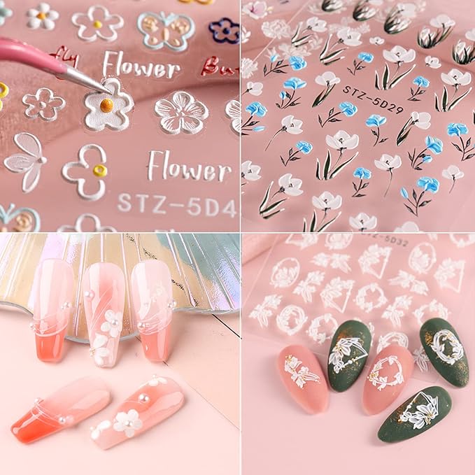 5D Embossed Flowers Nail Art Stickers for Acrylic Nails,8 Sheets Engraved Flower Butterfly Nail Decals Spring Summer Nail Art Accessories French Tips Nail Designs Self Adhesive Nail Stickers for Women