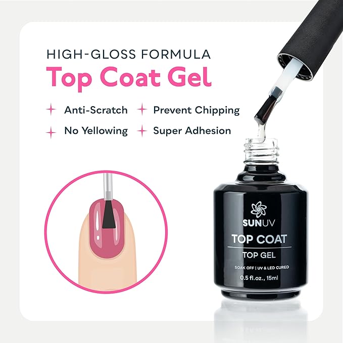 SUNUV 15ml Gel Top Coat and Base Coat Set, Hema Free Gel Nail Polish Kit 4 Pack, Art Manicure UV Nail Lamp No Wipe High Gloss Gifts for Women