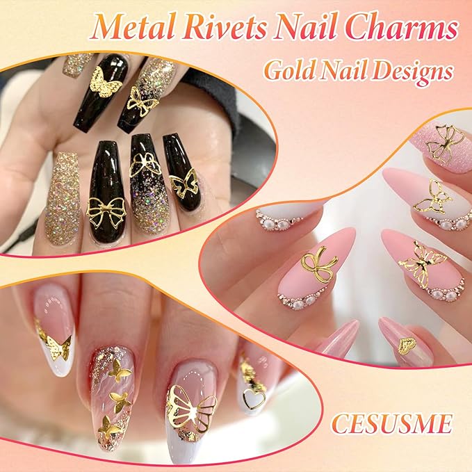 3 Boxes Gold Nail Beads Pearls, Butterfly Bows Alloy Nails Charms Studs, Bowknot Bow Tie Nail Art Jewels, Mix Size Half Round Pearls Carviar Nail Beads Charms Rhinestones for Nails Design DIY Craft