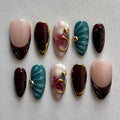 Fall Press On Nails - Handmade GEL Medium Length Almond Fake Nails, Brown Rendering Painting Design, Reusable Artificial Almond False Nails for Women 10 Pcs Acrylic Nails Kit (Size S)