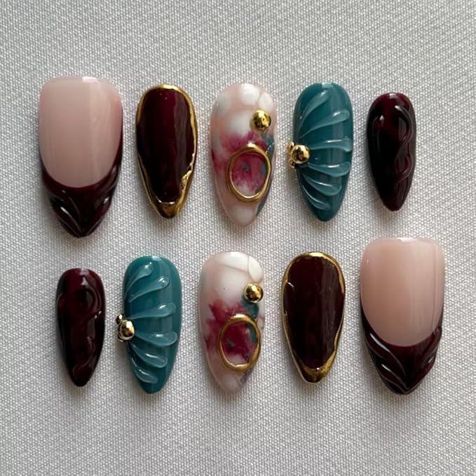 Press On Nails - Handmade Medium Length Almond Fake Nails, Brown Rendering Painting Design, Reusable Artificial Almond False Nails for Women 10 Pcs Acrylic Nails Kit (Size L)