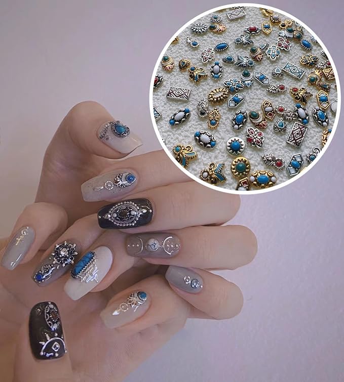 Retro Turquoise Totem Flower 3D Alloy Nail Art Mix Color Nail Charms, DIY Nail Art Decorations 50pcs