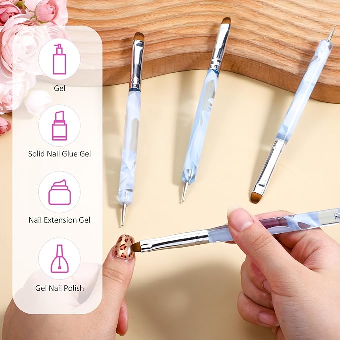 4pcs French Gel Nail Art Brush Acrylic Two Way Nail Art Brush with Dotting Professional Manicure Tool for Manicure Cuticle Clean up Detailed Designs Nails Dotting Pen (10#, 12#, 14#, 16#)