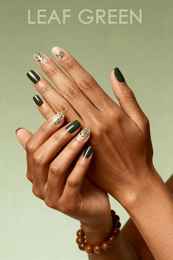 Semi Cured Gel Nail Strips – Real Gel Nails Polish Wraps for Brittle Nails | Waterproof Long Lasting Easy Peel-Off Removal | Hema-Free | 20-Piece Green Floral Salon Kit with File & Stick