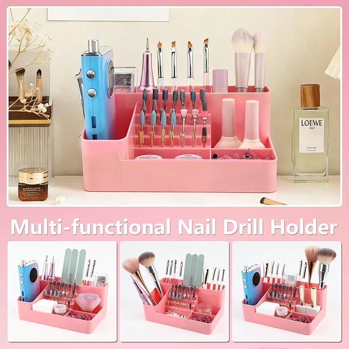 Nail Drill Holder & 28 Holes Nail Drill Bits Holder, Transparent Acrylic Nail Drill Machine Storage Box, Professional Nail Drill Organizer Case for Manicure tools (Pink02)