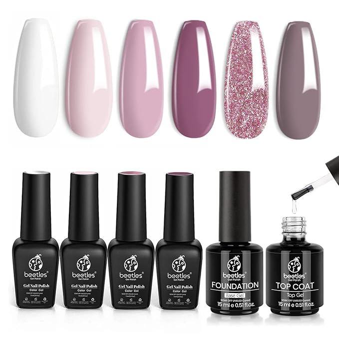 Beetles Romantic Wedding Gel Nail Polish Set Holiday Gift, 6 Colors Soak Off UV Manicure Kit with 2 Pcs 15ml No Wipe Gel Top Coat and Base Coat Set Gifts for Women