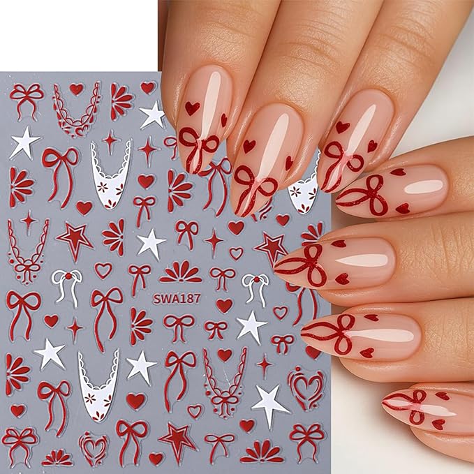 6Sheets French Tip Nail Art Stickers 3D Self Adhesive Valentines Nail Decals French Bow Nail Stickers Star Flower Bow Nail Design Heart Nail Supplies Decorations for Women Valentines Manicure