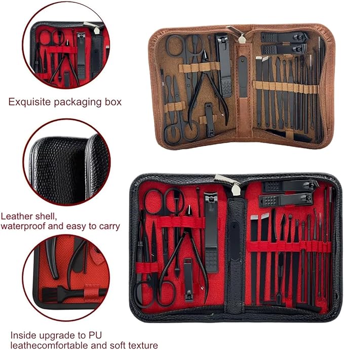 Manicure Set - Complete Stainless Steel Nail Clippers and Care Tools Set in Luxurious Leather Travel Case - Portable 26-Piece Travel Nail Kit (Black)