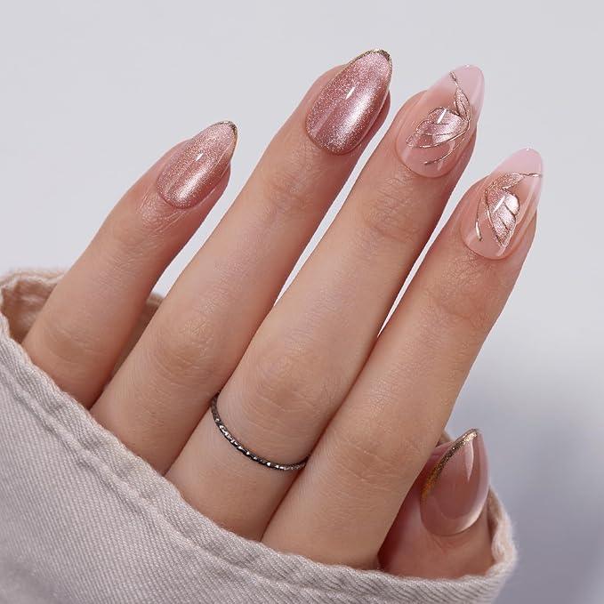 VSALON Press On Nails Short Almond - Pink Cat Eye Semi-Transparent Metallic Butterfly Design Fake Nails, Reusable Soft Gel Glue on Nails with Glue & Cuticle Oil - Valentines Gifts for Women