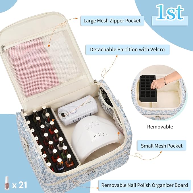 Nail Polish Organizer, Nail Supplies Storage Case Holds 69 Bottles Nail Polish & Nail Lamp, Travel Nail Tech Carrying Bag, Nail Kit Bag for Nail Stuff & Manicure Tools (Floral Blue, 69 Slots)