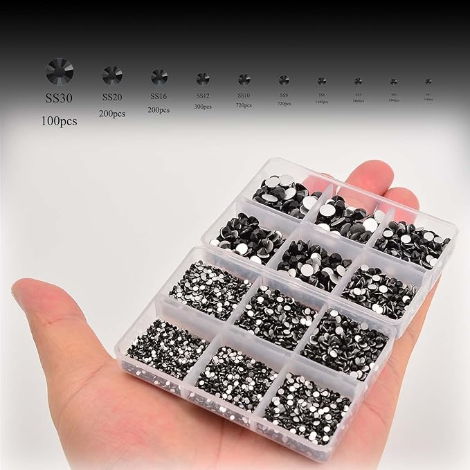 NCB 8000pcs Non Hotfix Rhinestones 10 Sizes Flatback Crystal Glass Rhinestones with Tweezers and Picking Pen for Nail Art Clothes Bags Phone Decorations Crafts DIY (002 Black Mix SS3-SS30)