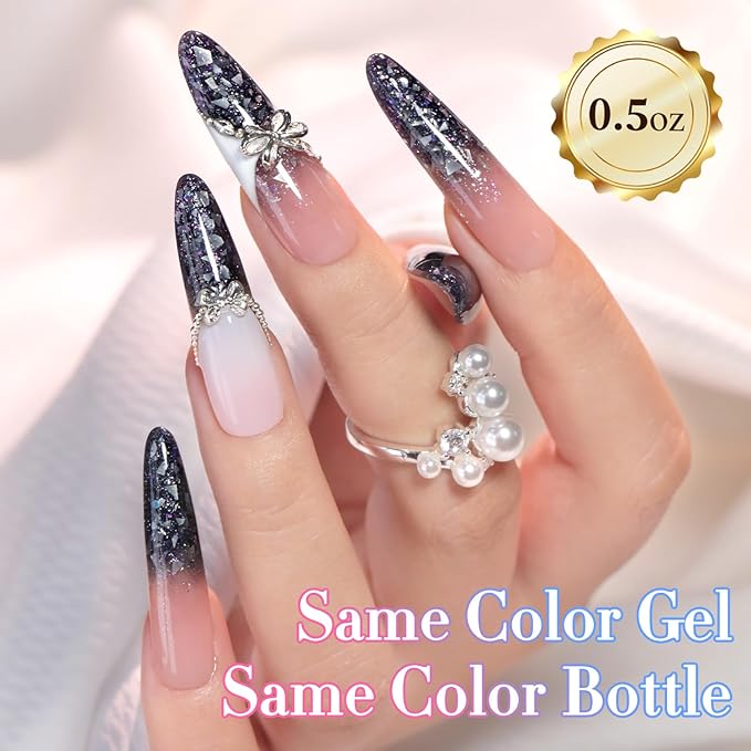 Double Rhythm 0.5Oz Glitter Gel Polish Same Color Same Bollte Shimmer Reflective Color for Nail Art Salon DIY Soak Off 15ml Nail Lamp Gel Polish at Home (Shell Black-B1208)