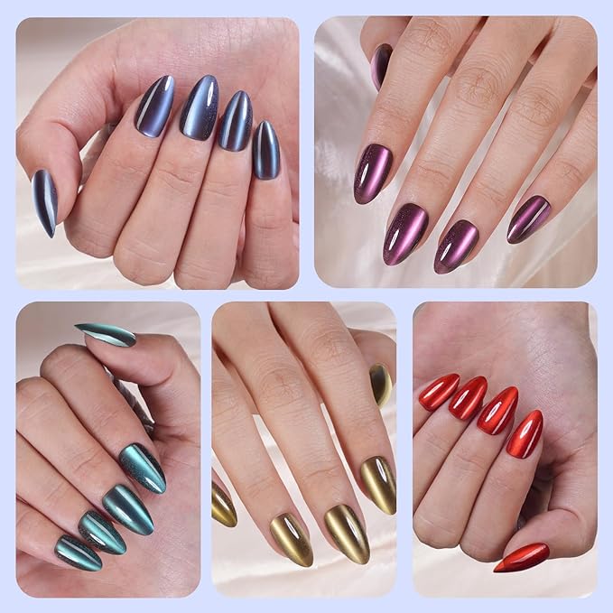 240Pcs Cat Eye Press on Nails Medium Almond, Plauva Soft Gel Fake Nails, Glossy Glitter Cat Eye Nail Tips for Women and Girls Stick On Nails in 12 Sizes