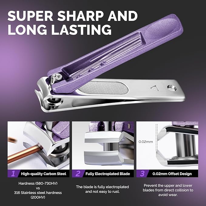 MelodySusie Nail Clippers Set 4 in 1, Ultra Sharp Toenail Clippers with Glass Nail File Cuticle Scissors, Stainless Steel Nail Clippers for Women, Fingernail Clipper Cutter Manicure Set Gifts, Purple
