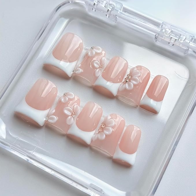Luxury Press on Nails Short Duck Handmade 3D Unique Reusable ABS Material Fake Nails White French Tip False Nails with Designs Rhinestones Floral Glossy Glue on Nail Thick Acrylic Nail(M)