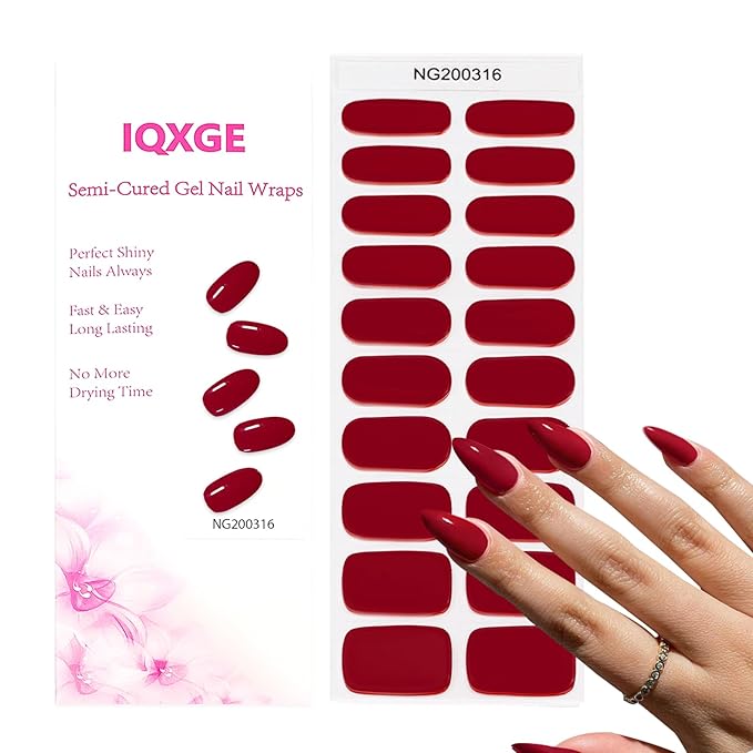 Bright Red Semi Cured Gel Nail Strips 20Pcs Gel Nail Stickers UV/LED Light Needed Gloss Nails Polish Strips Full Polish Nails Wraps for Women Includes Prep Pads, File, Wooden Cuticle Stick