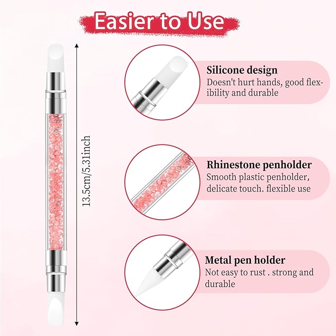 5PCS Nail Art Sculpture Pen, Dual Tipped Silicone Nail Tools, 3D Nail Sculpting Gel Pen, Rhinestone Nail Polish Brushes for Design Nail Foil Carving Drawing Effect Shaping Drawing