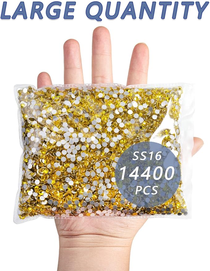 Beadsland Flatback Rhinestones Bulk,14400pcs Yellow Rhinestones for Nails Crafts Clothes DIY Decoration, Citrine/Lemon Yellow, SS16, 3.8-4.0mm