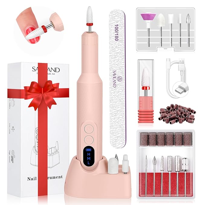SAVILAND Professional Electric Nail Drill: 20000RPM Cordless Efile Nail Drill Pink Protable Nail File with Base for Nail Grinding & Polishing Gel Acrylic Nails Faster Remover Salon at Home