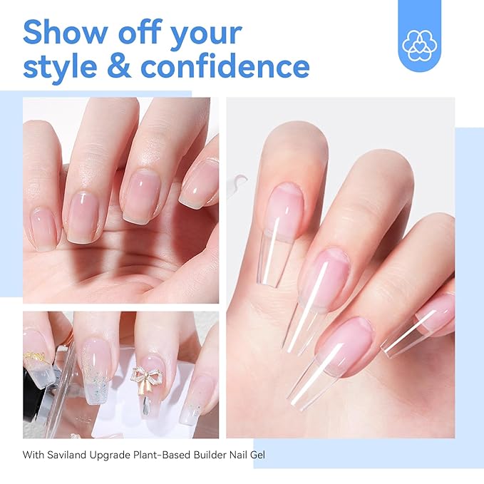 SAVILAND Clear Builder Nail Gel Kit: 3 Pcs 15ml Builder Nail Gel Base Top Gels with Castor Oil Vitamin E Apex Building for Thickening Extension Strengthening Repair Nails Art DIY Home Salon Gift Set