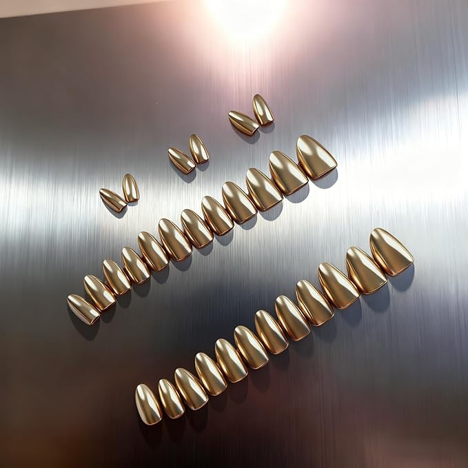 Chrome Press on Nails Short Almond, Metallic Light Gold Fake Nails with a Sparkle Mirror Finish, Glitter Glue on Nails for Women Birthday Party, Thick Quality Soft Gel Nail Press ons 30 Pcs
