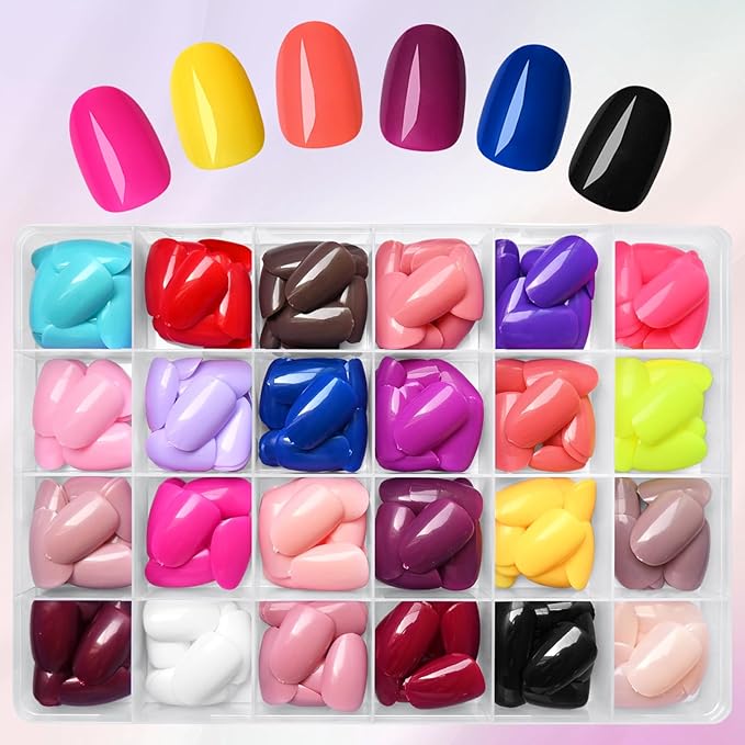 LoveOurHome Oval Press on Nails Short Fake Nails with Glue Tabs, 576pc Short Round Almond Fake Nail Press ons Nail Glue on Nails Kit Acrylic Nails Oval False Nails Artificial Fingernails for Women
