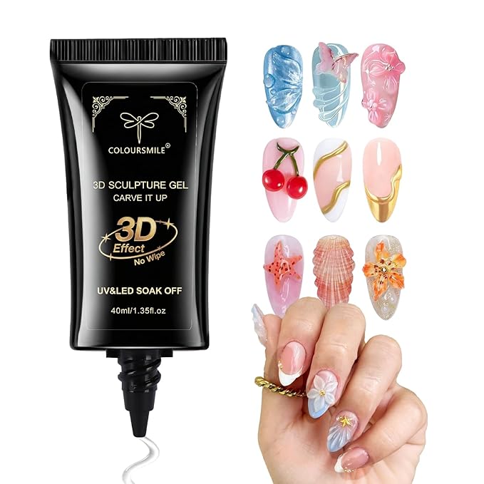 4 in 1 No Wipe 3D Nail Sculpting Gel 40ml - Clear Gel Glue for Nail Tips, Chrome Powder, Gems, Drawing & Christmas DIY Nail Art (UV/LED Lamp Curing Required)