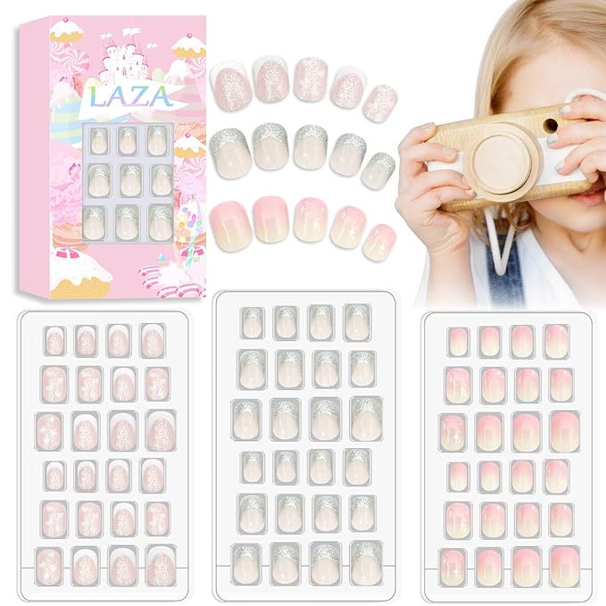 Laza 72pcs Children Nails Press On Pre-glue Full Cover Silver Glitter Stars Pink Heart Short Ombre False Nail Kits for Kids Teenager Girls - Sparkling Sweety