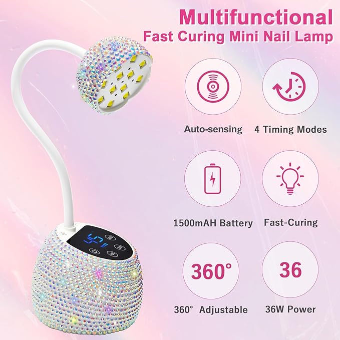 CGBE UV LED Nail Lamp, 36W Mini Cordless Flash Cure Lamp, USB Rechargeable Goosenecks LED Nail Light with 4 Timers & Auto Sensor for Salon Home DIY Use, White Diamond